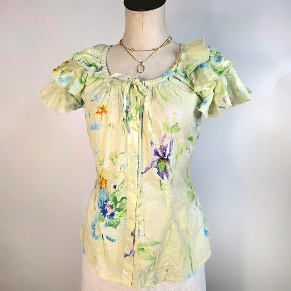Y2k Swiss Dot Button Cotton Pastel Floral Medium Blouse Cottagecore Fairycor